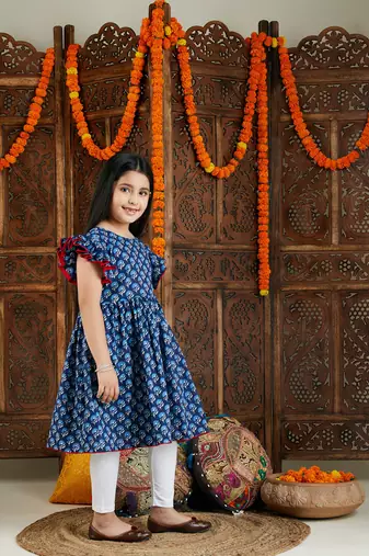  girls' indigo blue and white kurta and leggings set