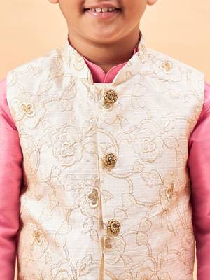  boys' beige and pink jacket, kurta and pyjama set 4