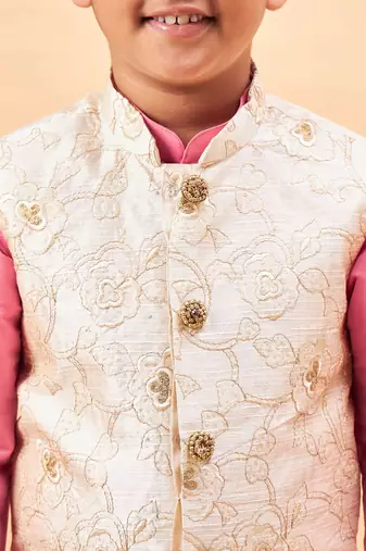  boys' beige and pink jacket, kurta and pyjama set