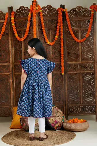  girls' indigo blue and white kurta and leggings set