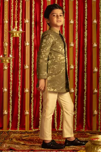 green and cream sherwani set