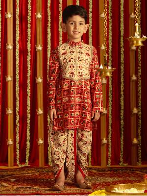 read and cream kurta and dhoti set 1