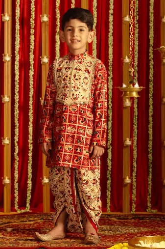 read and cream kurta and dhoti set
