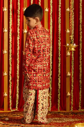 read and cream kurta and dhoti set