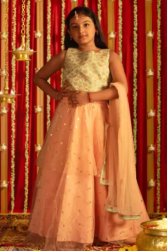  girls' mint green and peach lehenga