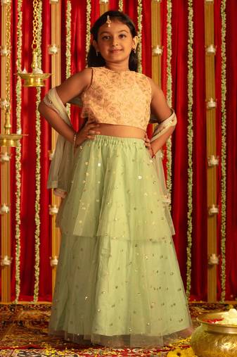  girls' mint green and peach lehenga