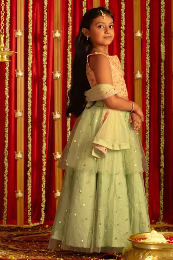  girls' mint green and peach lehenga