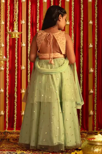  girls' mint green and peach lehenga