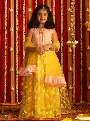  girls' pink and yellow lehenga set 1