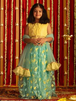 girls' yellow and aqua lehenga set 1