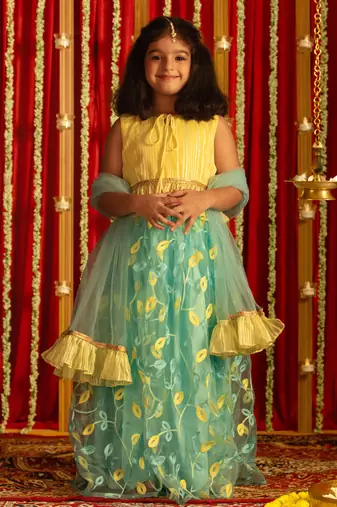 Vastramay girls' yellow and aqua lehenga set