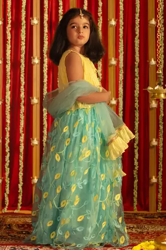 girls' yellow and aqua lehenga set