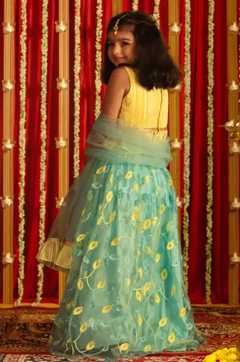 girls' yellow and aqua lehenga set