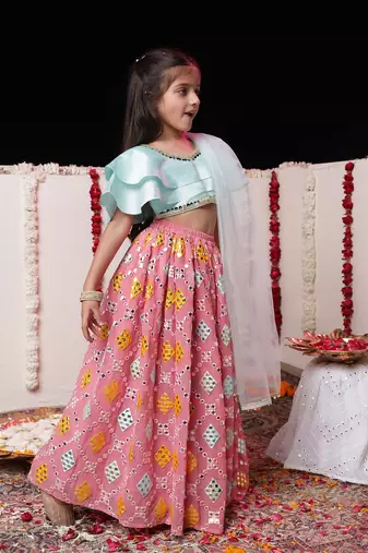  girls' aqua and pink lehenga set