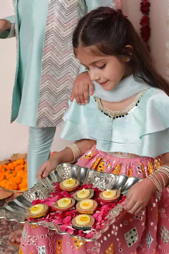  girls' aqua and pink lehenga set