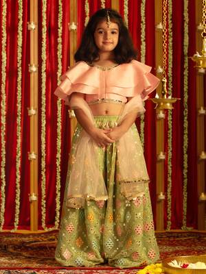 Pink and Mint Silk Blend Sequins Work Kids' Lehenga 1