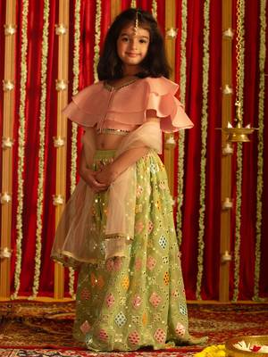 Pink and Mint Silk Blend Sequins Work Kids' Lehenga 2