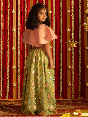 Pink and Mint Silk Blend Sequins Work Kids' Lehenga 3
