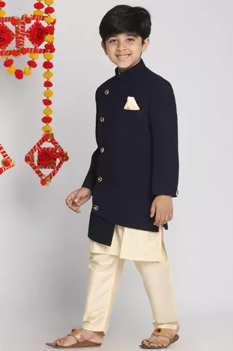 navy blue and cream indowestern set
