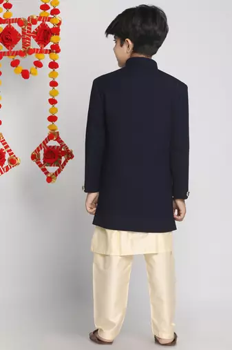 navy blue and cream indowestern set
