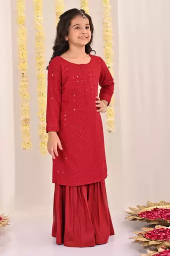  girls' maroon kurta and sharara set