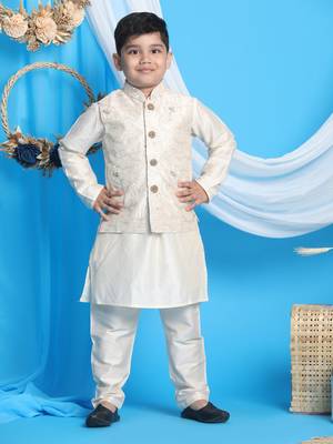  boys' gold and cream jacket, kurta and pyjama set 1