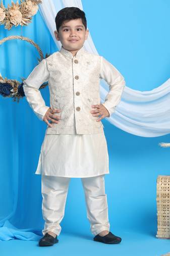  boys' gold and cream jacket, kurta and pyjama set