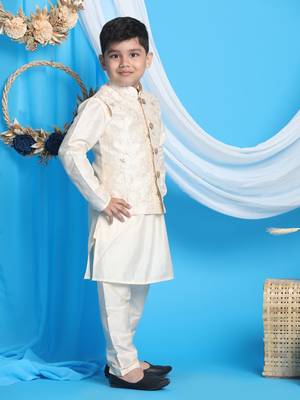  boys' gold and cream jacket, kurta and pyjama set 2