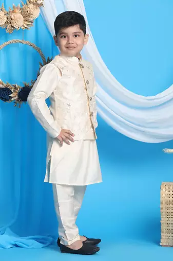  boys' gold and cream jacket, kurta and pyjama set