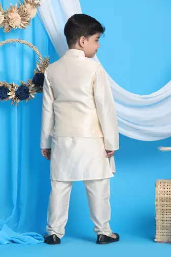  boys' gold and cream jacket, kurta and pyjama set