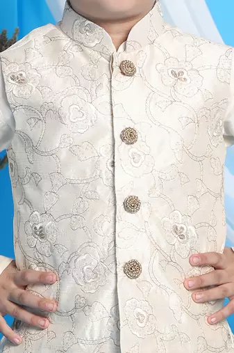  boys' gold and cream jacket, kurta and pyjama set