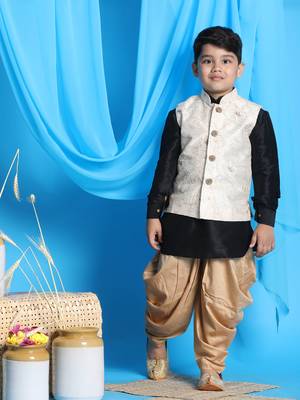  boys' black, beige and rose gold jacket, kurta and dhoti set 1