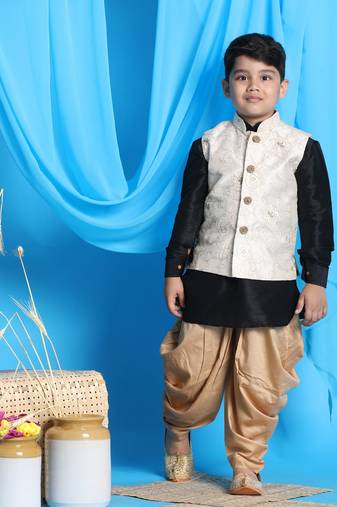  boys' black, beige and rose gold jacket, kurta and dhoti set