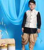  boys' black, beige and rose gold jacket, kurta and dhoti set