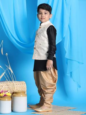  boys' black, beige and rose gold jacket, kurta and dhoti set 2