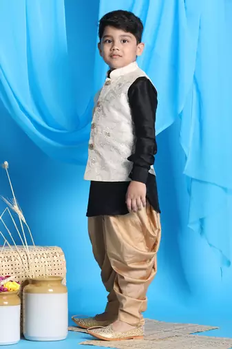  boys' black, beige and rose gold jacket, kurta and dhoti set