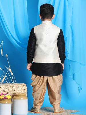  boys' black, beige and rose gold jacket, kurta and dhoti set 3