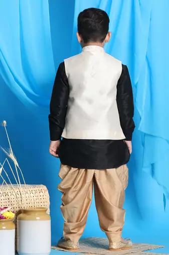  boys' black, beige and rose gold jacket, kurta and dhoti set