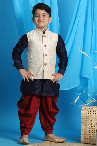  boys' blue, beige and maroon jacket, kurta and dhoti set
