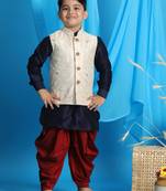  boys' blue, beige and maroon jacket, kurta and dhoti set
