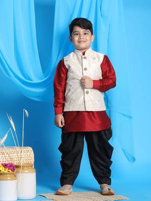 boys' maroon, beige and black jacket, kurta and dhoti set 1