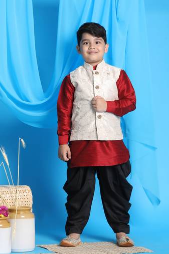  boys' maroon, beige and black jacket, kurta and dhoti set