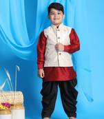  boys' maroon, beige and black jacket, kurta and dhoti set