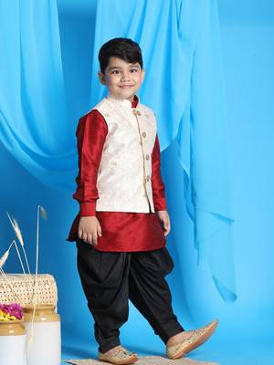  boys' maroon, beige and black jacket, kurta and dhoti set 2