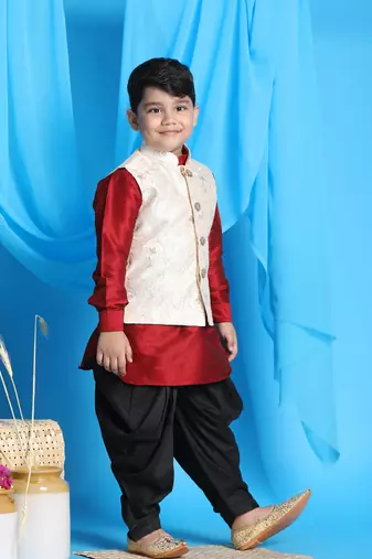  boys' maroon, beige and black jacket, kurta and dhoti set