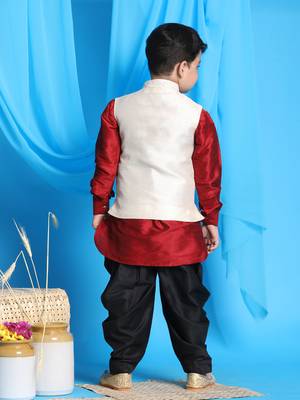  boys' maroon, beige and black jacket, kurta and dhoti set 3