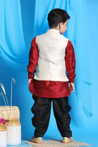  boys' maroon, beige and black jacket, kurta and dhoti set