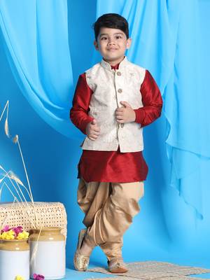  boys' maroon, beige and rose gold jacket, kurta and dhoti set 1