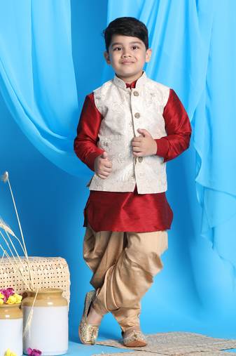  boys' maroon, beige and rose gold jacket, kurta and dhoti set