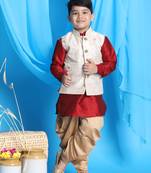  boys' maroon, beige and rose gold jacket, kurta and dhoti set